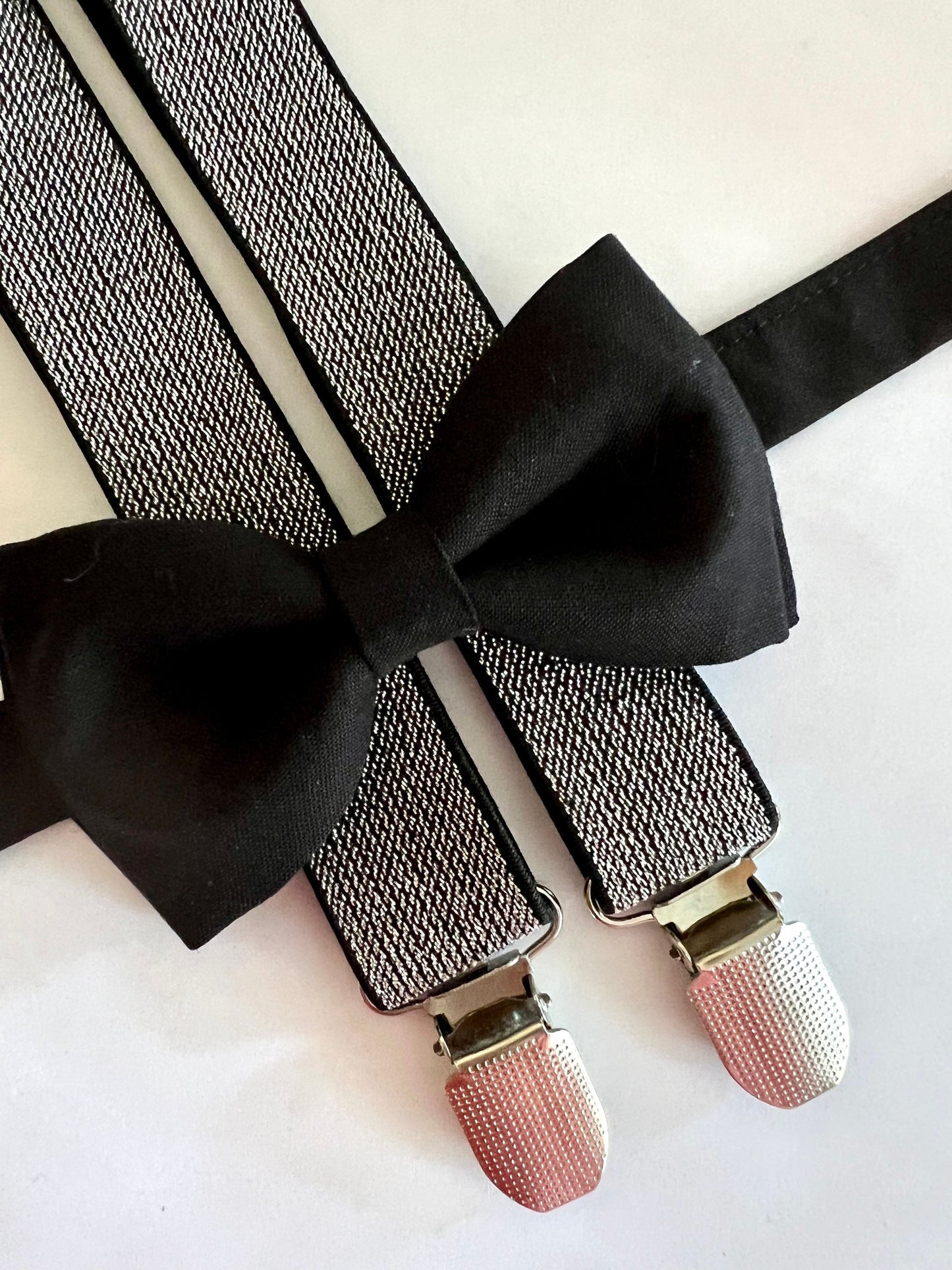Black Bow Tie and Silver Glitter Suspenders set. /Adults/ Kids