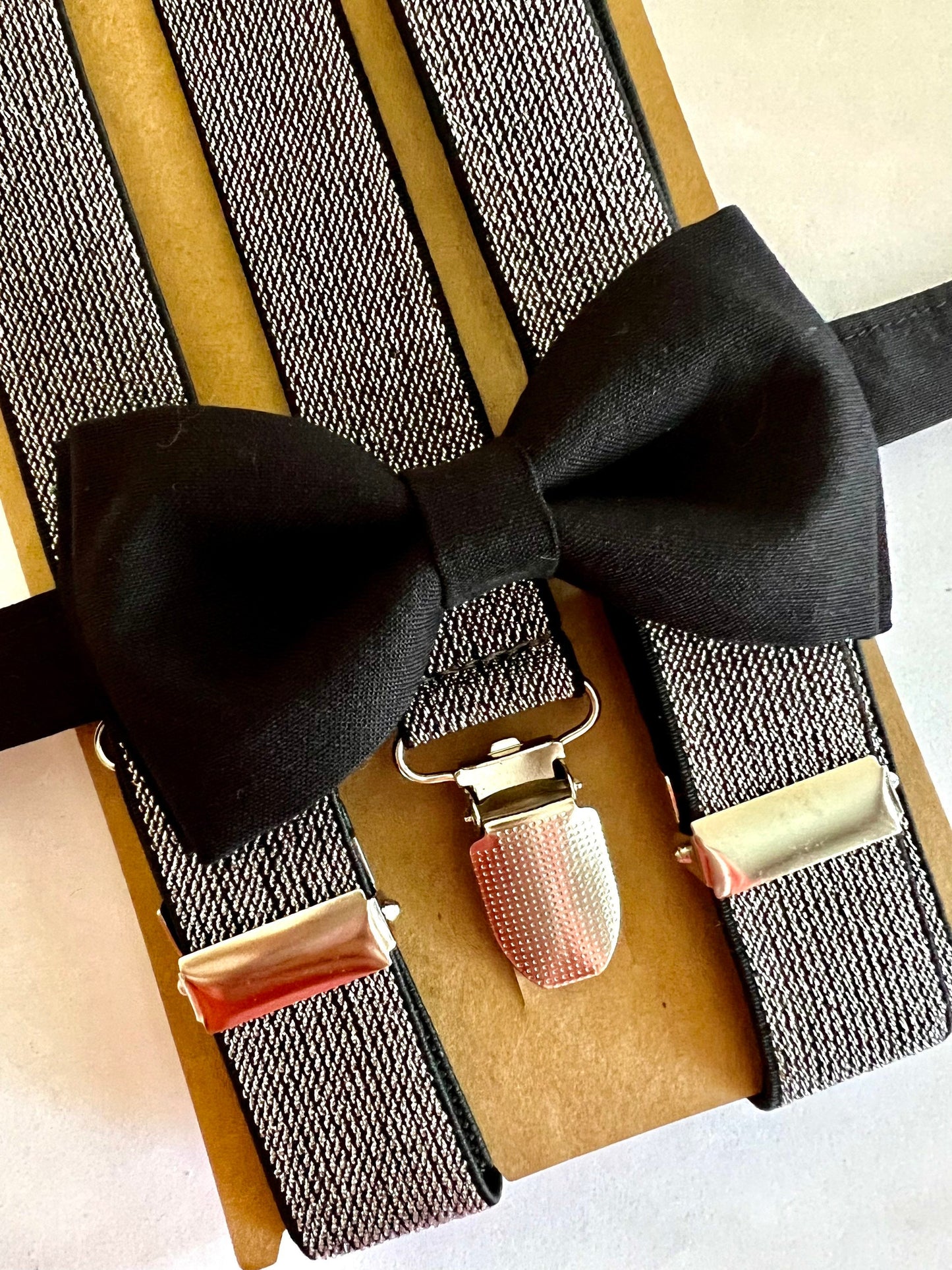 Black Bow Tie and Silver Glitter Suspenders set. /Adults/ Kids