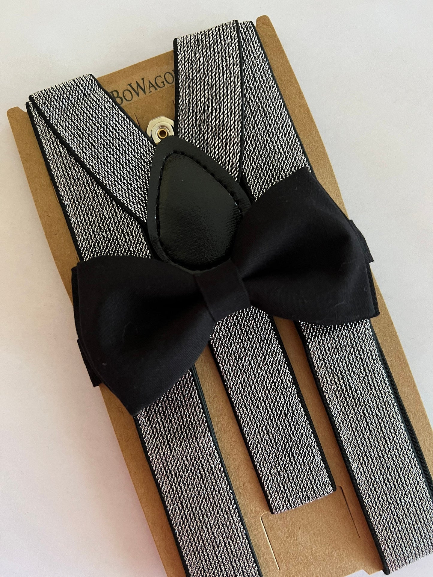 Black Bow Tie and Silver Glitter Suspenders set. /Adults/ Kids