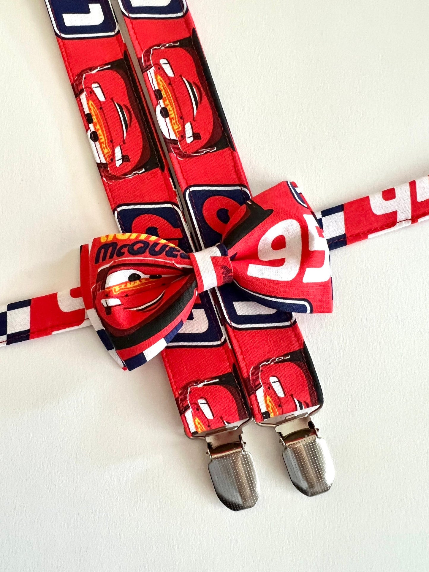 Car Suspenders/ Bow Tie Set. Red Car Bow Tie. Race Car Suspenders.