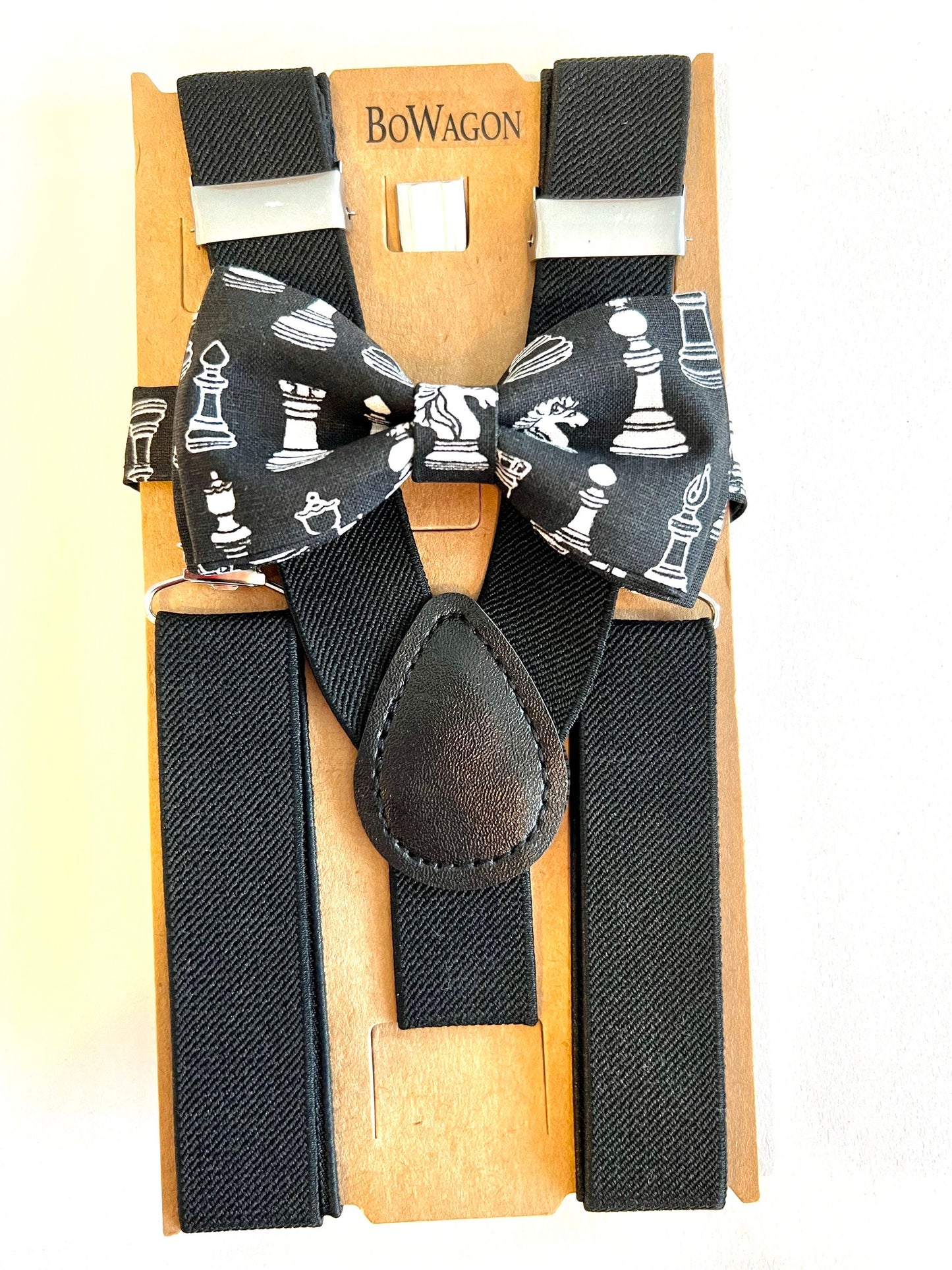 Chess Bow tie Suspenders set. Classic Chess Bow Tie and Black Elastic Suspenders.