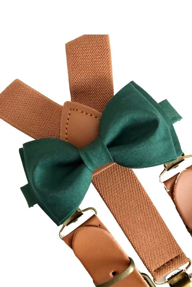 Dark Green Juniper Bow tie and Brown Cognac Buckle Suspenders.