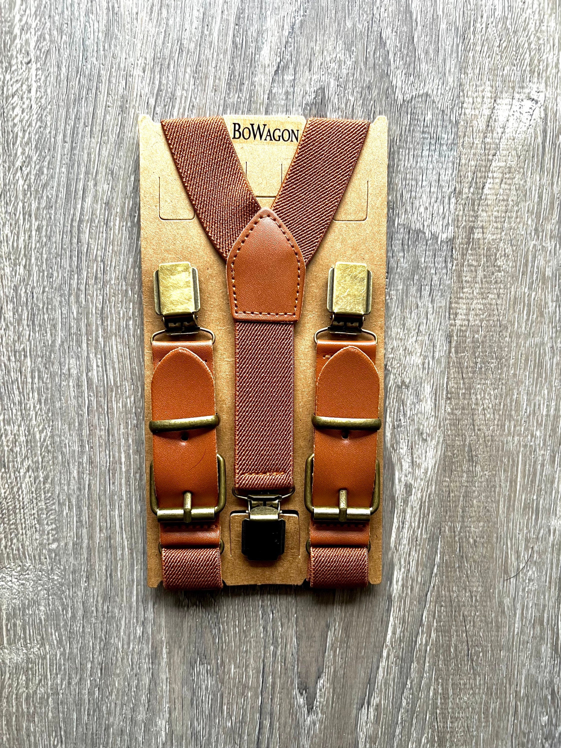 Brown Elastic Buckle Cognac Suspenders and Navy Blue Bow Tie. – BoWagon