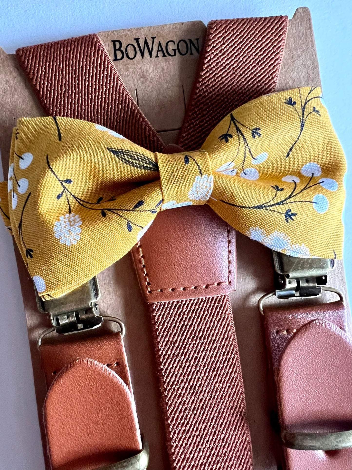 Brown Elastic Cognac Suspenders and Yellow Mustard Bow Tie.