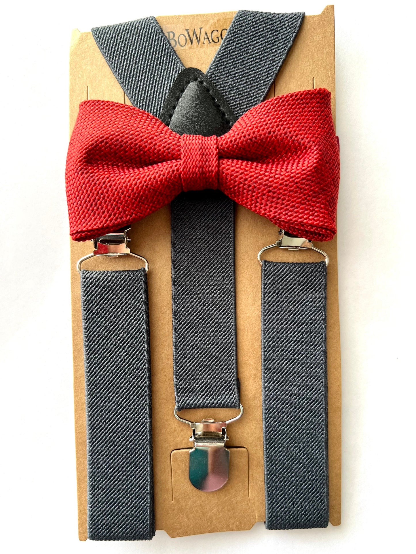 Burgundy Maroon Burlap Bowtie and Dark Grey Suspenders.