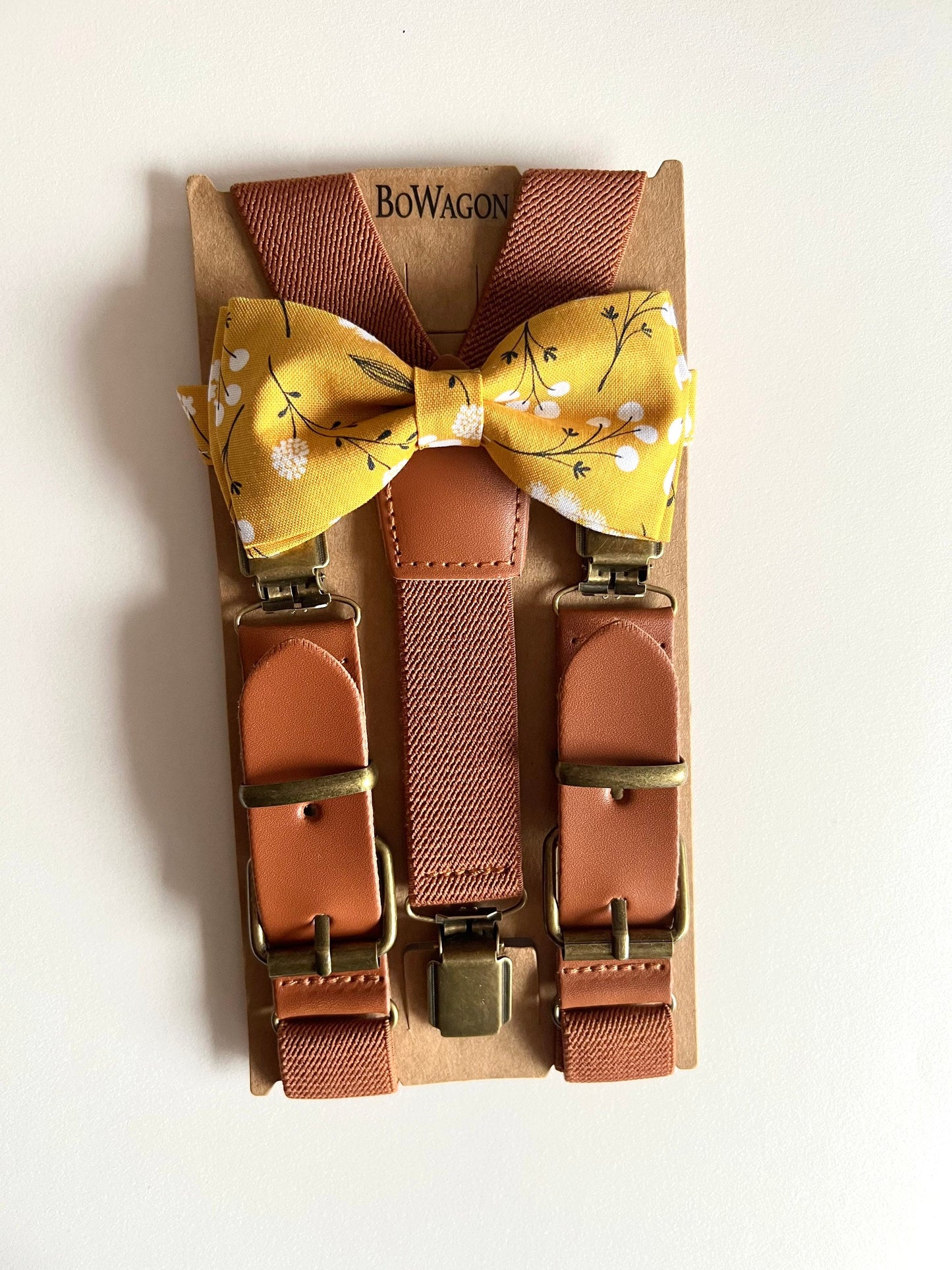 Brown Elastic Cognac Suspenders and Yellow Mustard Bow Tie.