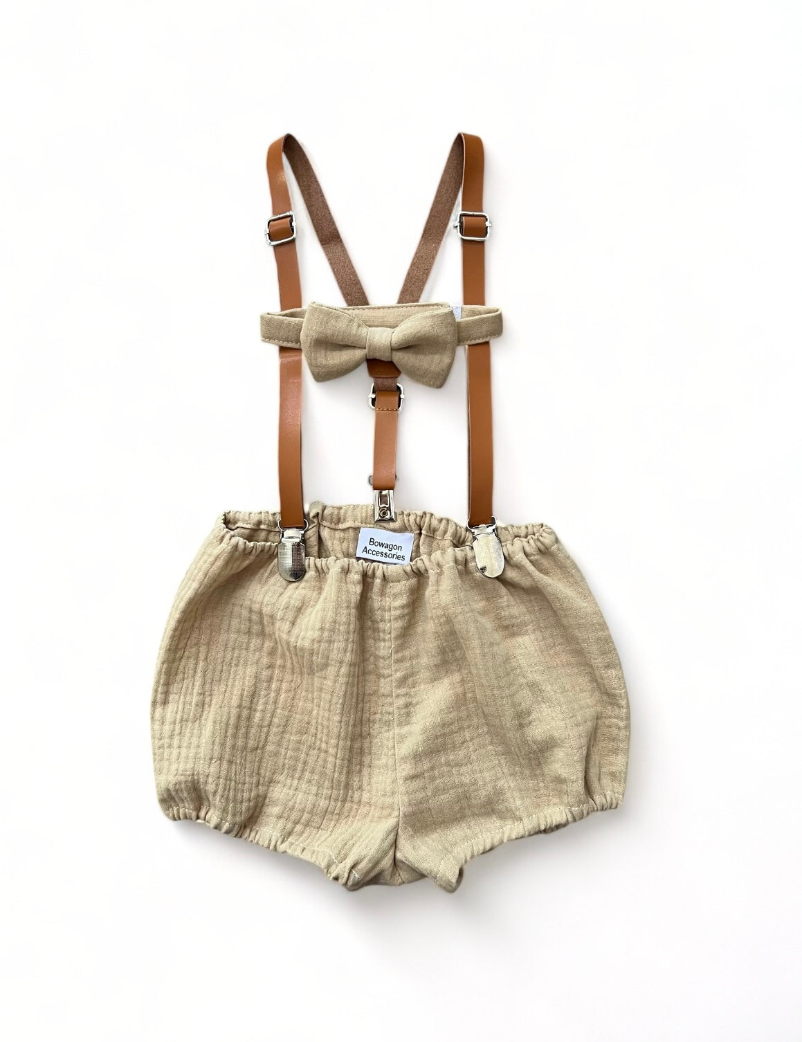 Beige Baby Boy First Birthday Outfit /Cake Smash Outfit / Bloomers Suspenders Bow Tie Outfit