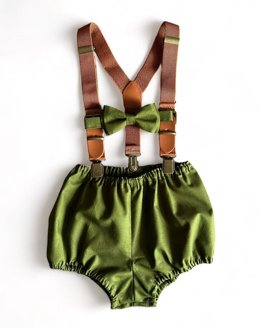 Baby Boy’s Olive Bloomers and Brown Suspenders Birthday Outfit. Olive Green Cake Smash Outfit. Baby Bloomers Suspenders Bow Tie Outfit