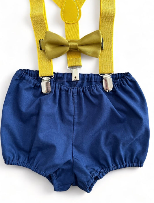 Baby’s Navy Blue Bloomers and Gold Glitter Suspenders Birthday Outfit. Dark Blue Cake Smash Outfit. Gold Glitter Suspenders and Bow tie