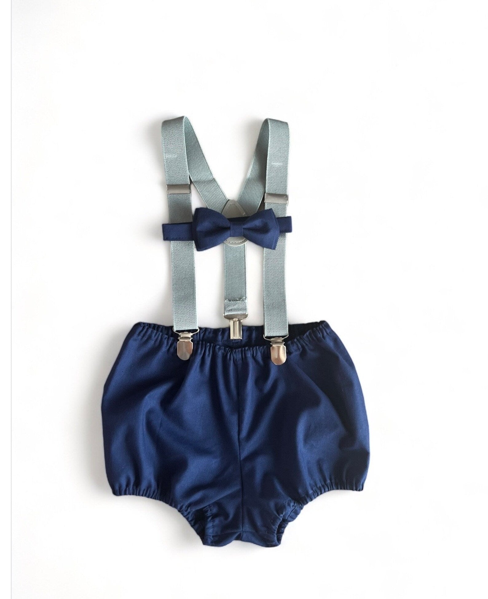 Baby Boy s Navy Blue Bloomers and Grey Suspenders Birthday Outfit. Dar BoWagon