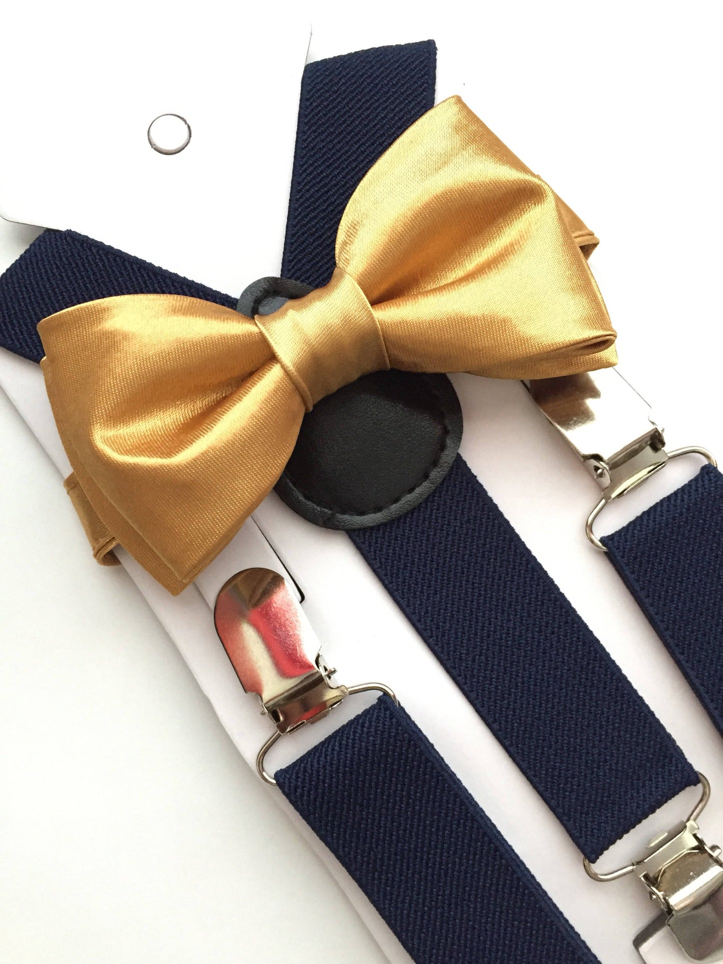 Gold bow tie and Navy Blue Suspenders set. /Adults/ Kids