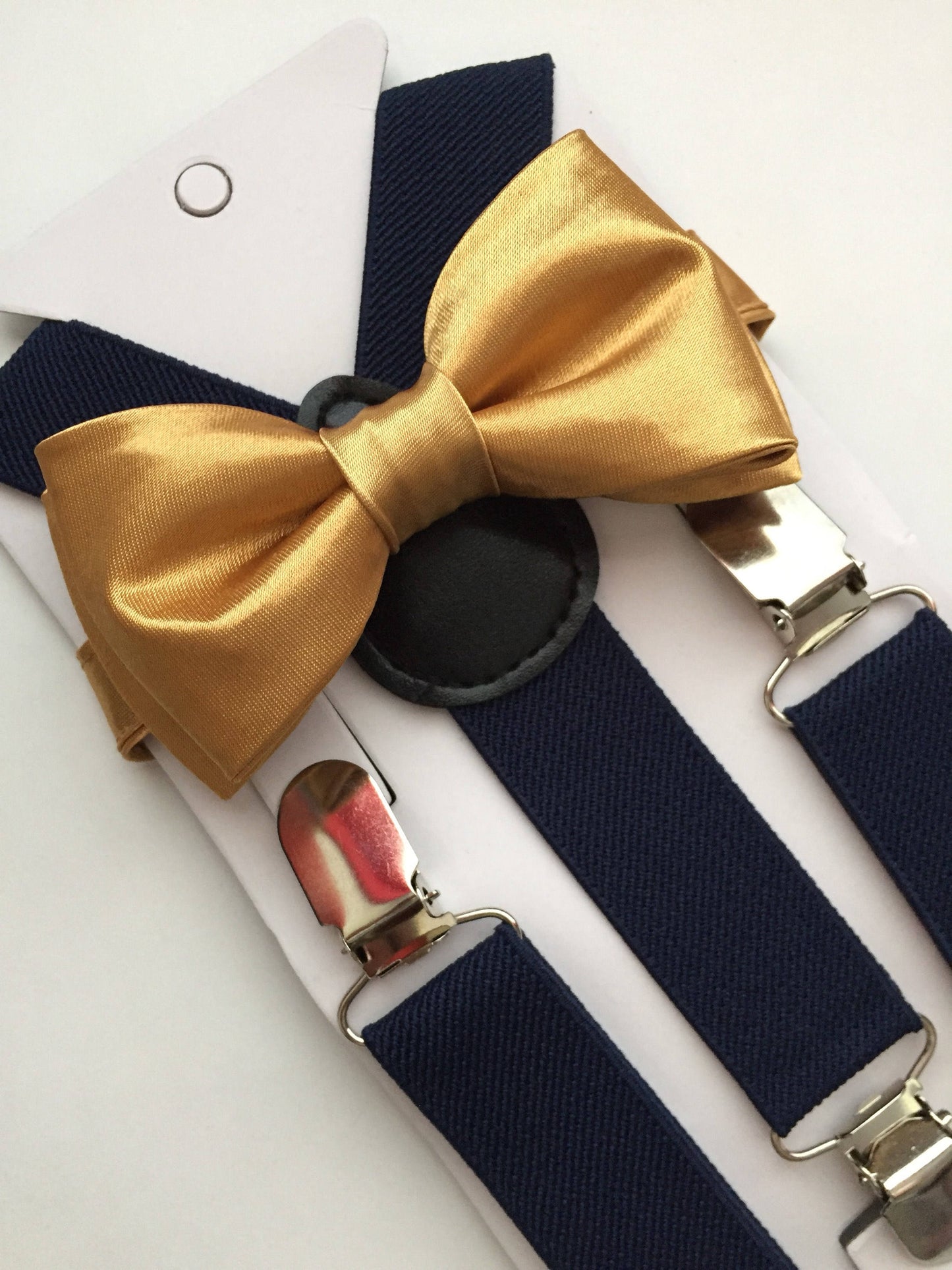 Gold bow tie and Navy Blue Suspenders set. /Adults/ Kids