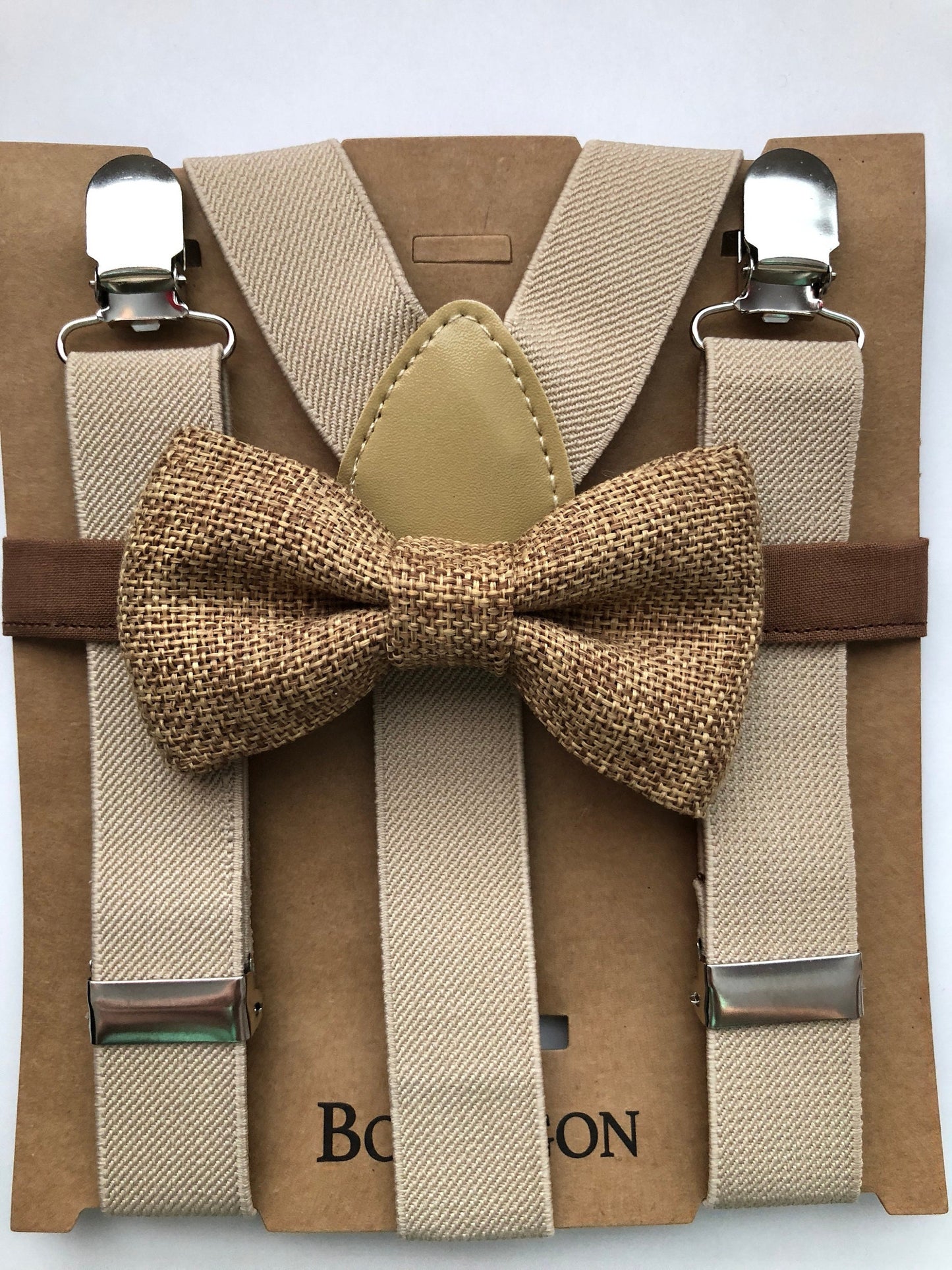 Burlap Brown Bow tie and Cream Elastic Suspenders.