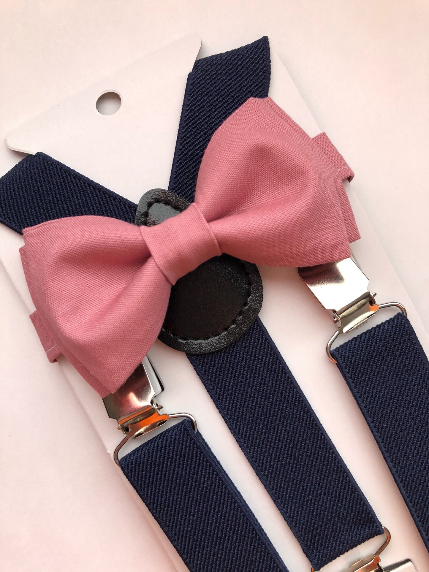 Dark Rose Bow Tie and Navy Blue Suspenders  Set