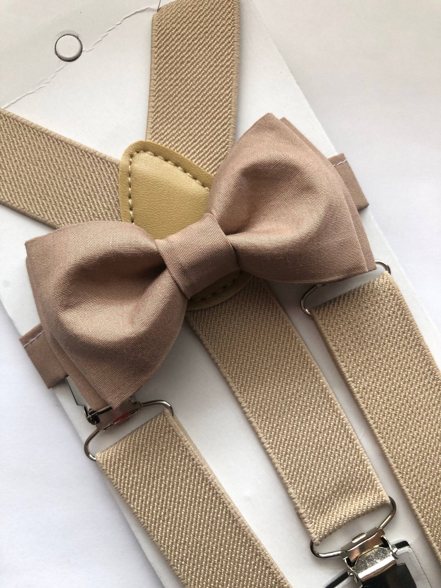 Light Beige Bow Tie and Cream/Beige Suspenders Set. Kids/Adults