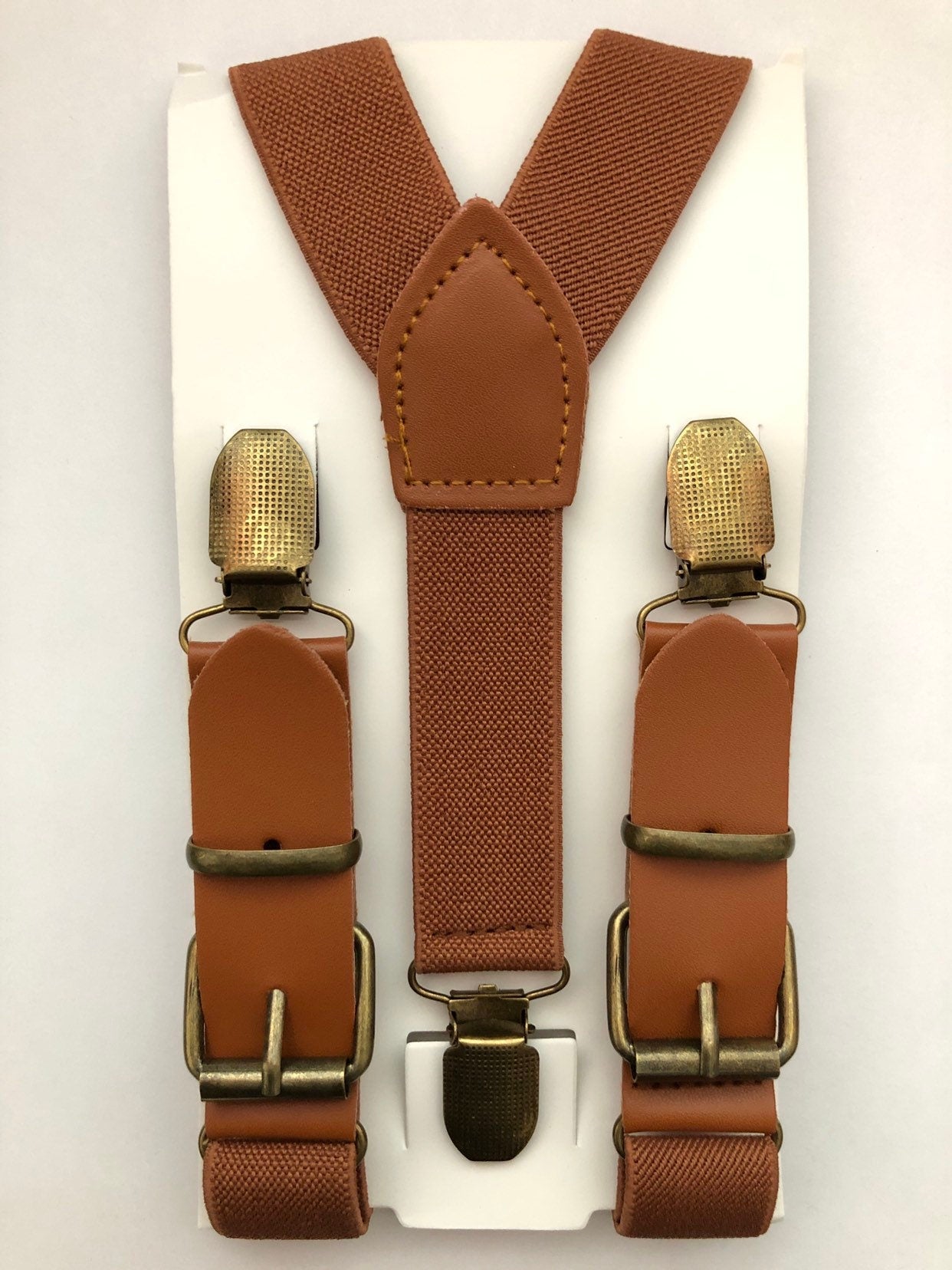 Blush Pink Bow Tie and Brown Cognac Buckle Suspenders.