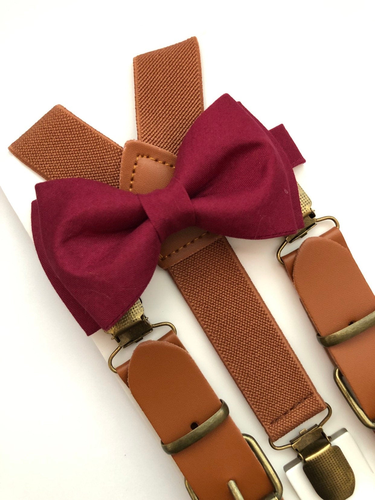 Burgundy Bow Tie and Brown Buckle Cognac Suspenders.