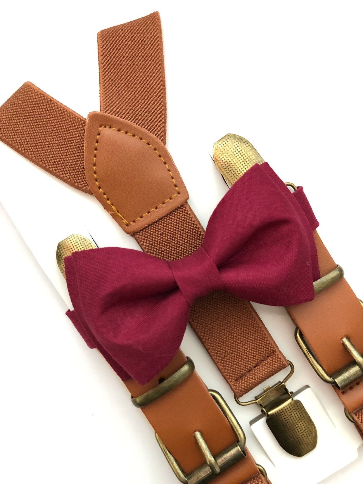 Burgundy Bow Tie and Brown Buckle Cognac Suspenders.