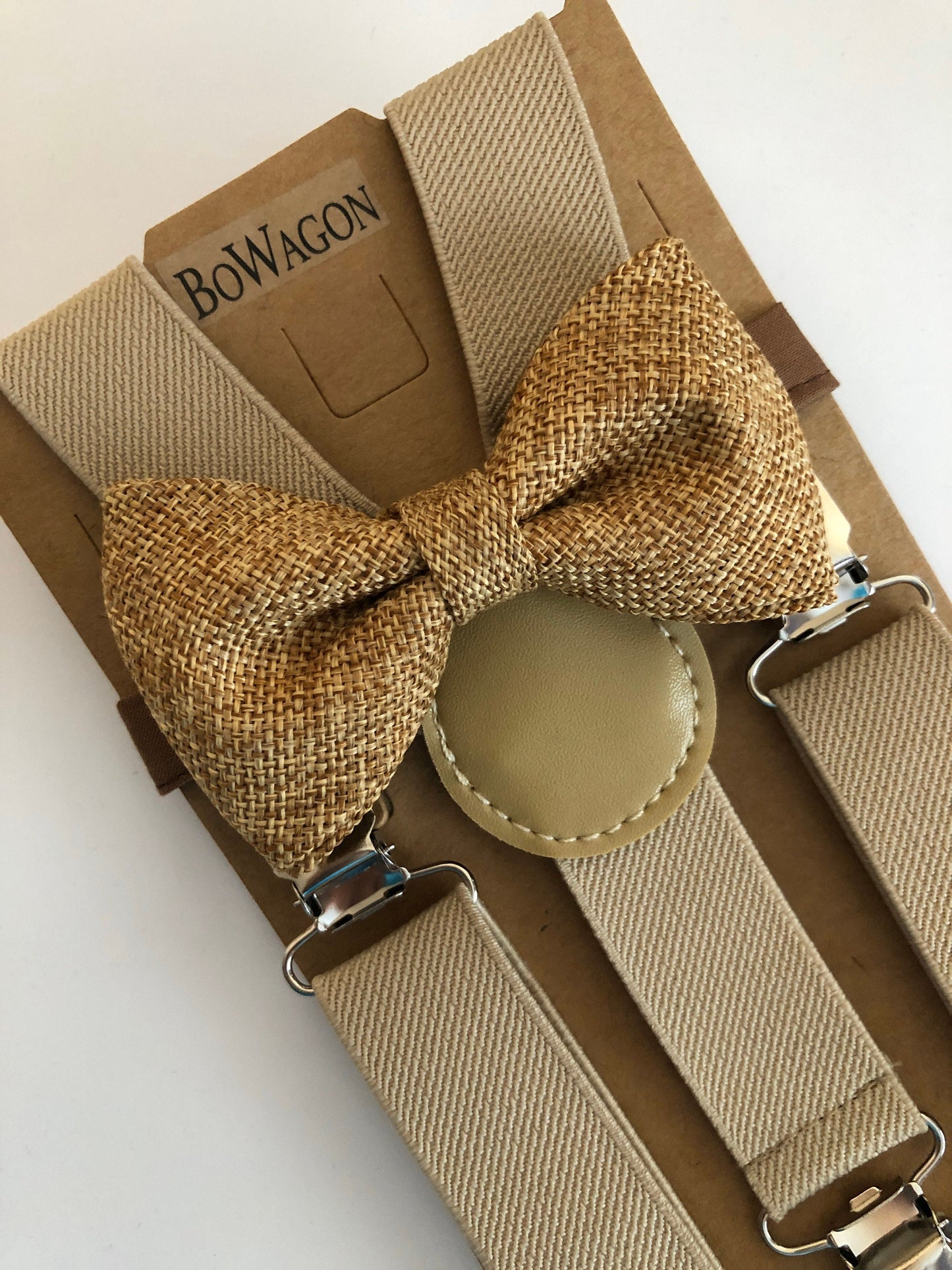 Burlap Brown Bow tie and Cream Elastic Suspenders.