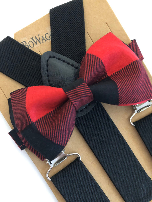 Christmas Buffalo Plaid Bow Tie Black Suspenders.