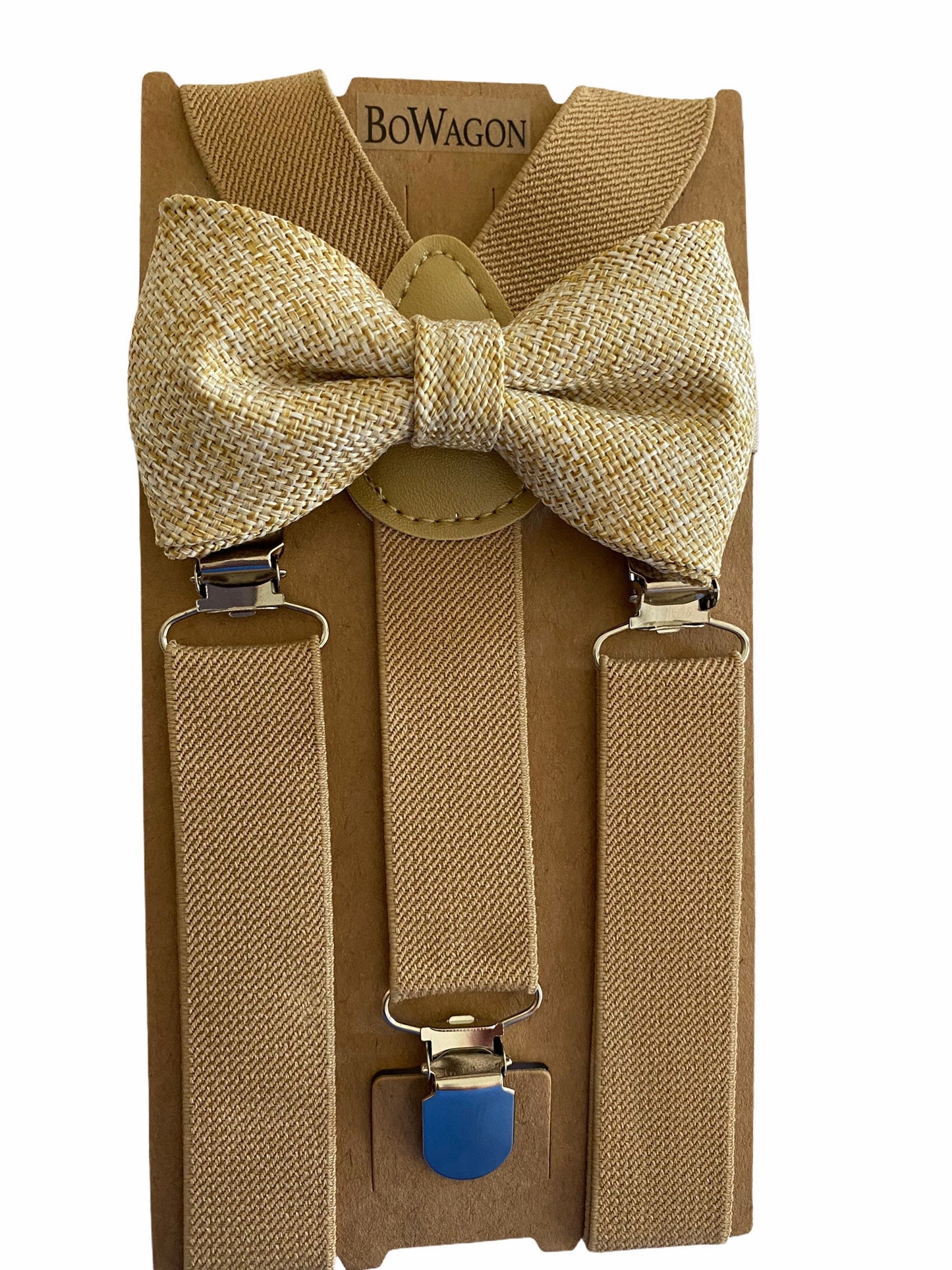 Burlap Oatmeal Bow tie and Khaki Elastic Suspenders set.