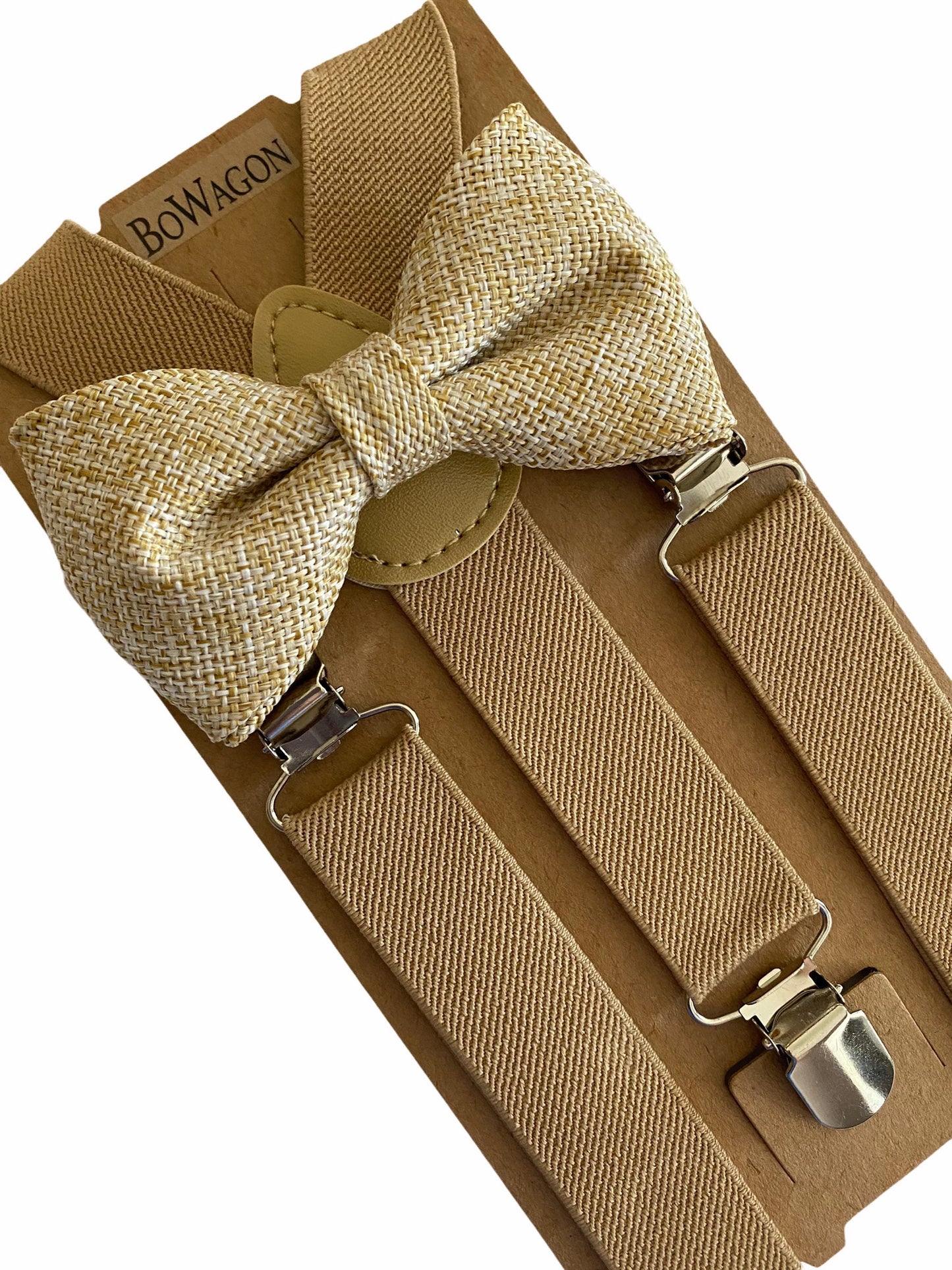 Burlap Oatmeal Bow tie and Khaki Elastic Suspenders set.