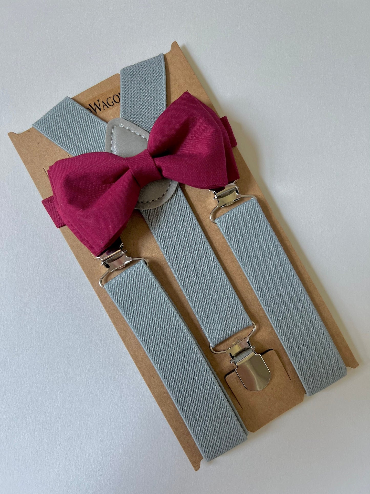 Burgundy Bow Tie and Grey Suspenders.