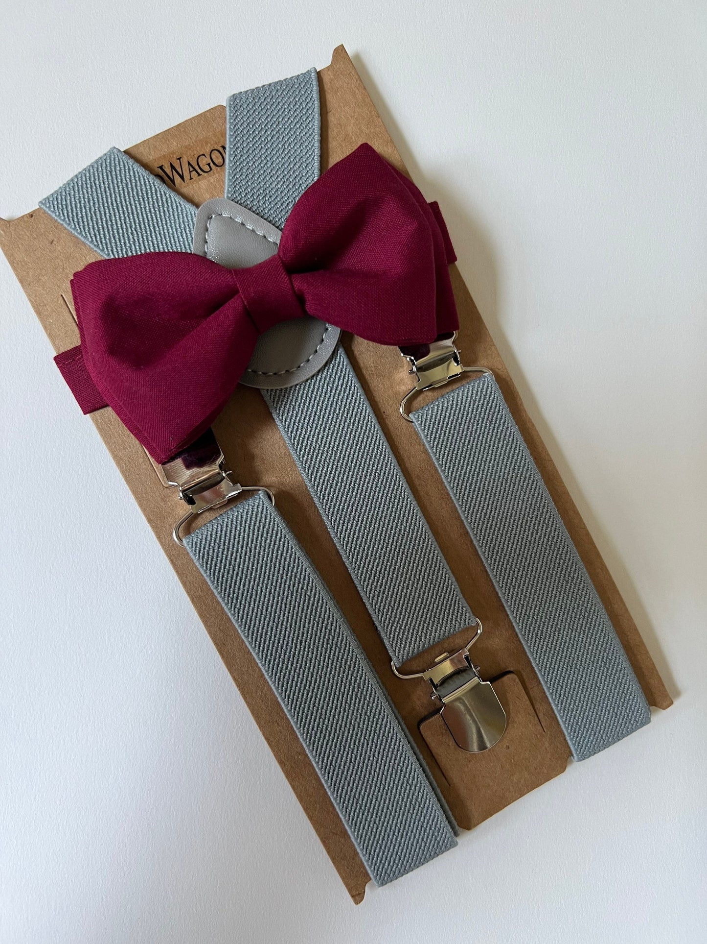 Burgundy Bow Tie and Grey Suspenders.