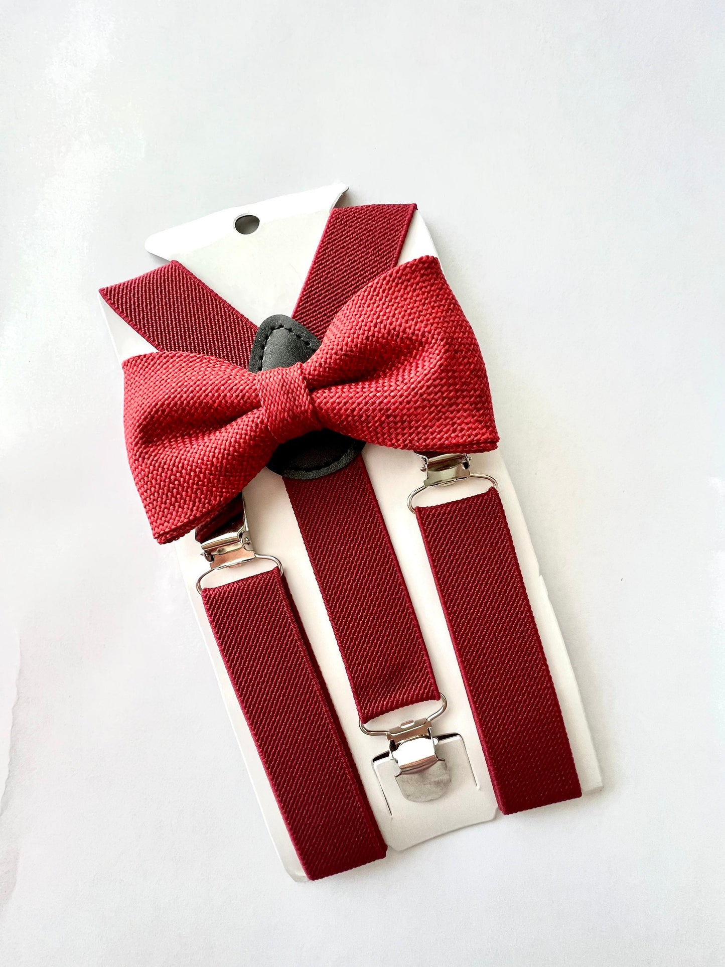 Burgundy Maroon Burlap Bow tie and Burgundy Suspenders.