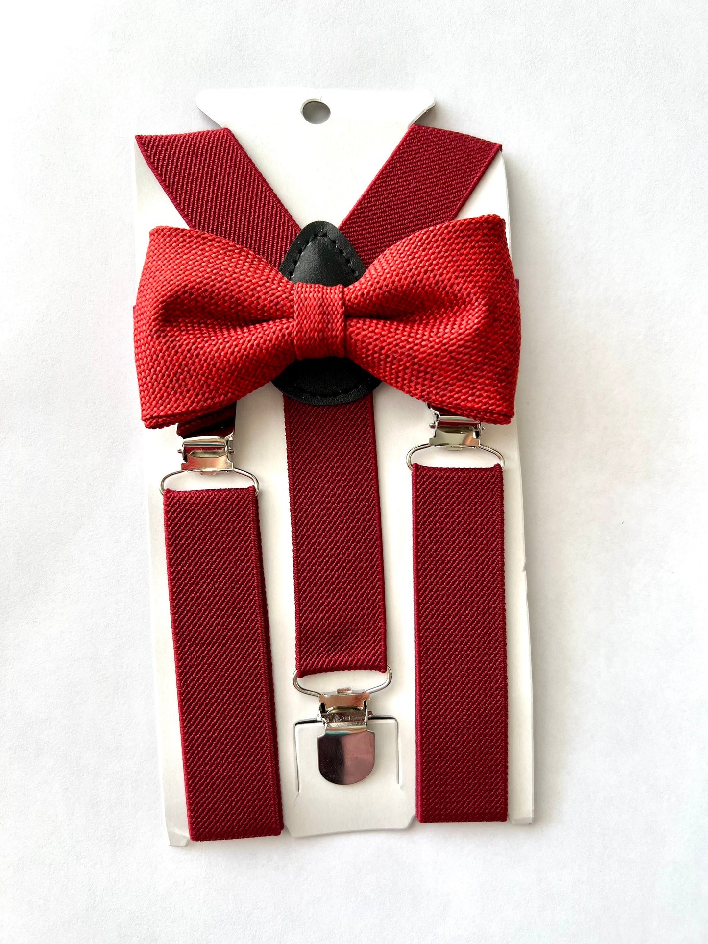 Burgundy Maroon Burlap Bow tie and Burgundy Suspenders.