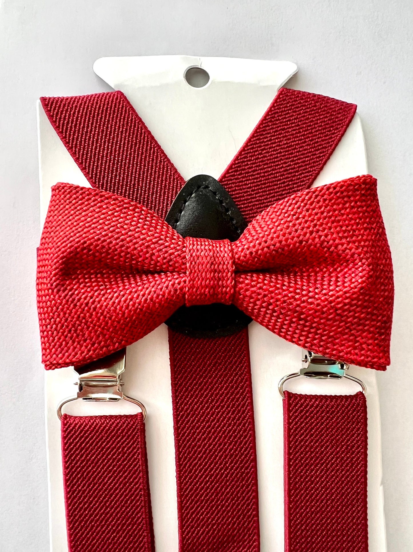 Burgundy Maroon Burlap Bow tie and Burgundy Suspenders.