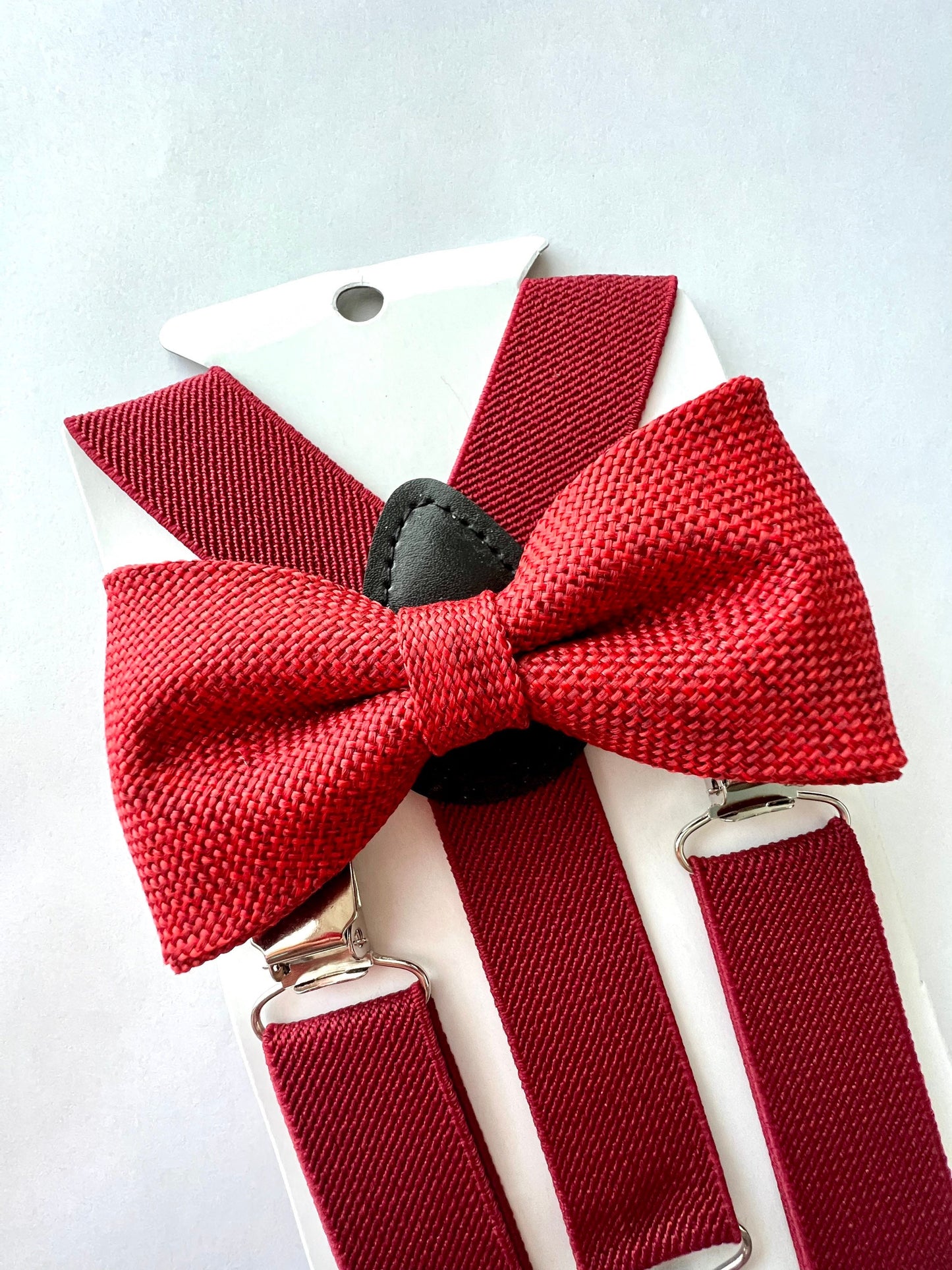 Burgundy Maroon Burlap Bow tie and Burgundy Suspenders.