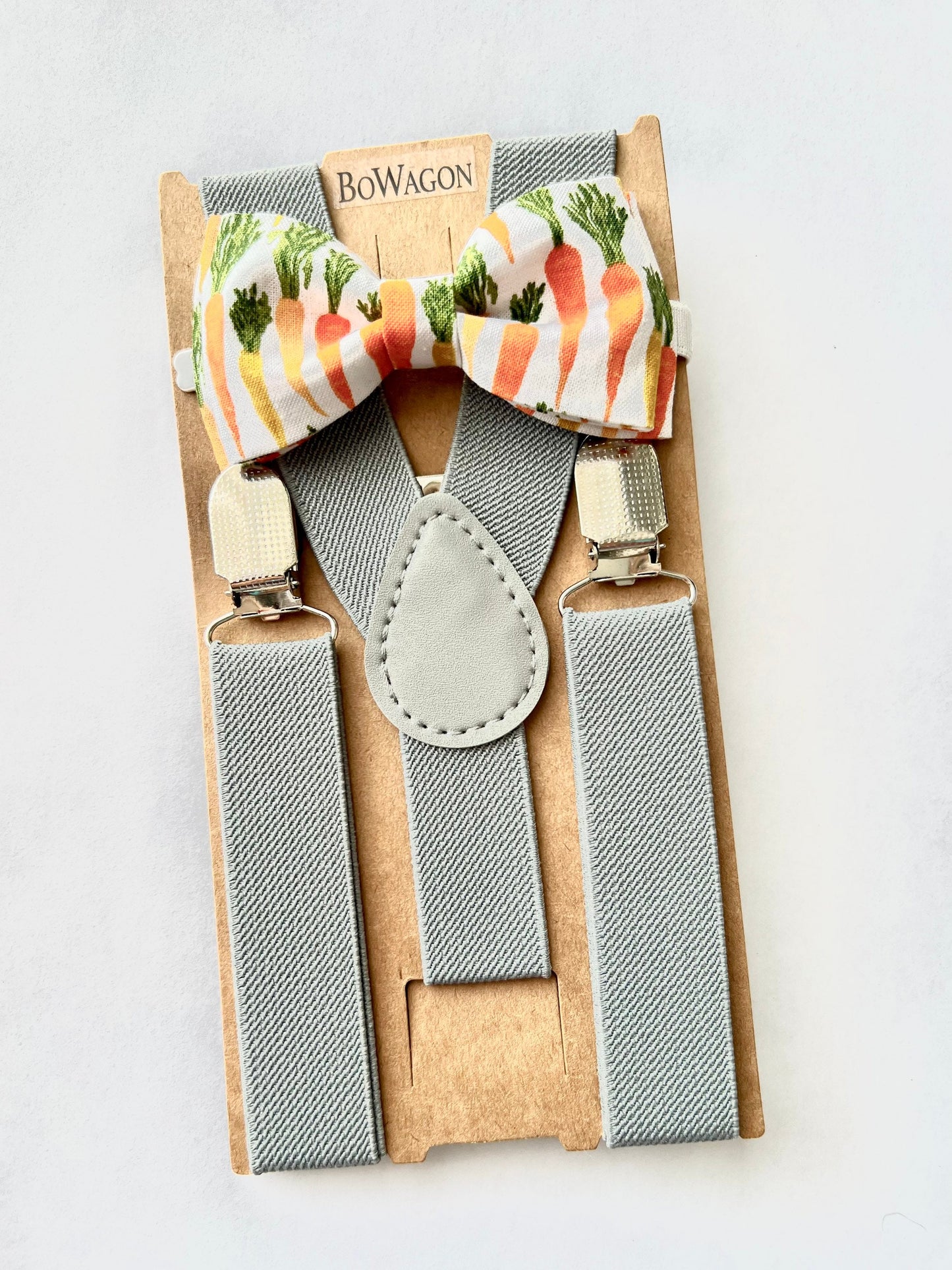 Easter Carrots Bow Tie and Grey Elastic Suspenders Sets. Carrots Easter Bowtie.